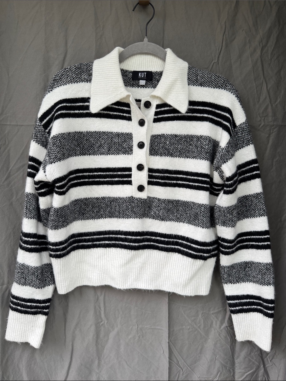 Kut from the Kloth Black and White Striped V-Neck Polo Sweater